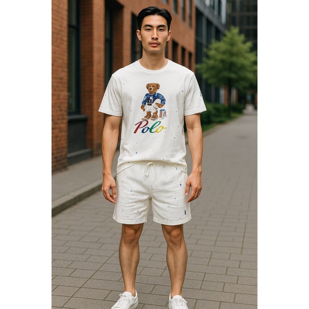 POLO Ralph Lauren Boys Youth Polo Bear White Paint T-Shirt & Shorts Outfit XL(18